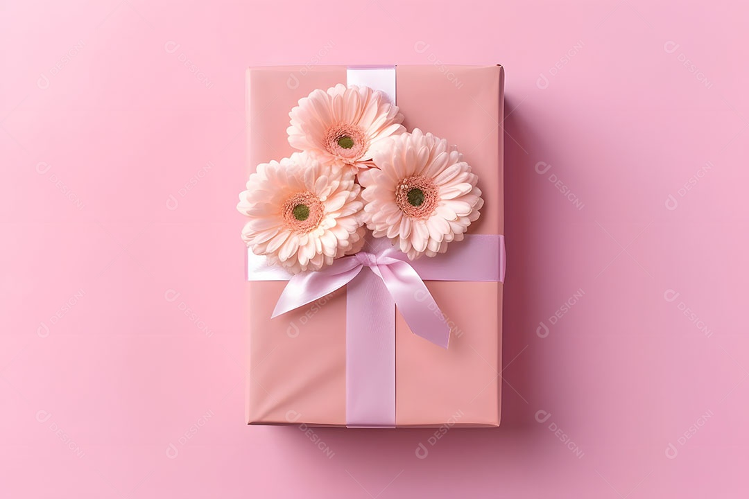 Caixa de presente ao lado de linda flores sobre fundo isolado