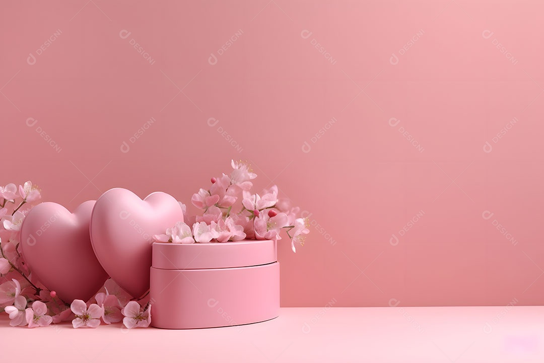 Caixa de presente em formato de coração ao lado de linda flores sobre fundo isolado