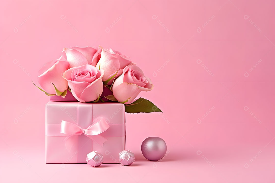 Caixa de presente ao lado de linda flores sobre fundo isolado