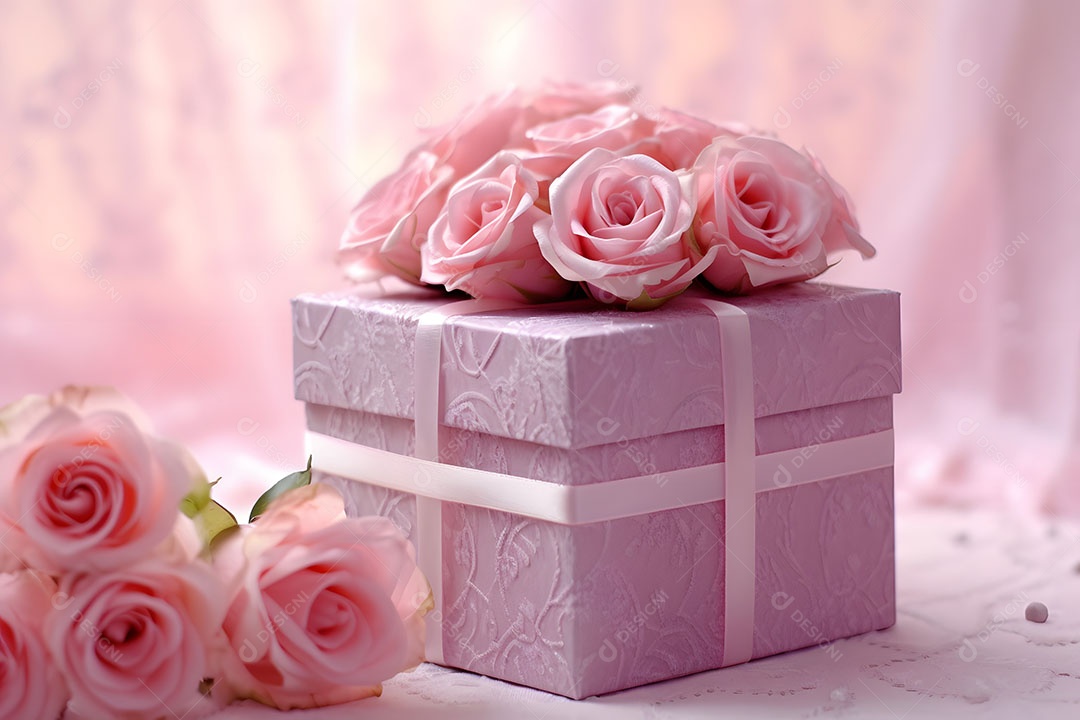 Caixa de presente ao lado de linda flores sobre fundo isolado