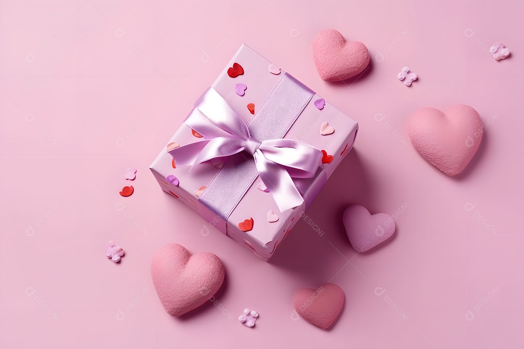 Caixa de presente ao lado de corações sobre fundo isolado