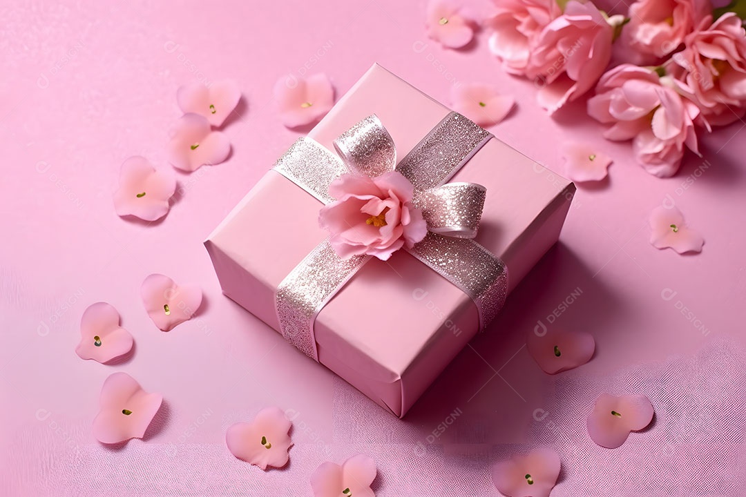 Lindas flores rosas ao lado de caixa de presente