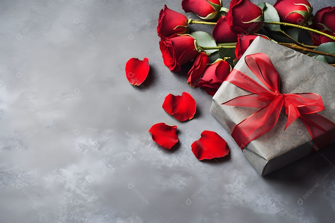 Lindas flores rosas ao lado de caixa de presente