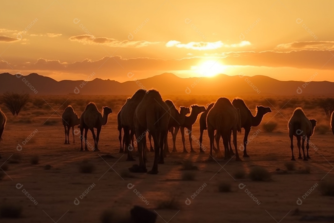 Linda fila de silheta camelos ao pôr do sol sobre fundo de um deserto