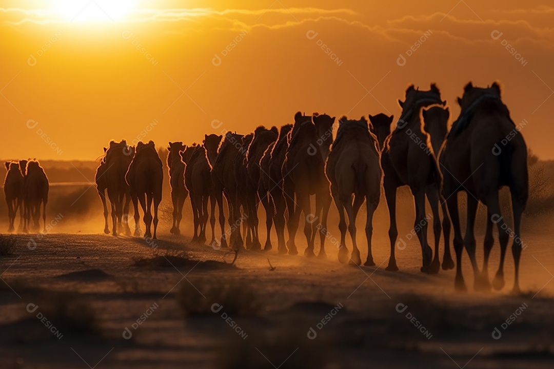 Linda fila de silheta camelos ao pôr do sol sobre fundo de um deserto