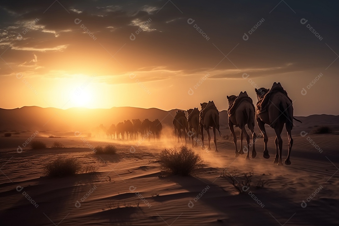 Linda fila de silheta camelos ao pôr do sol sobre fundo de um deserto