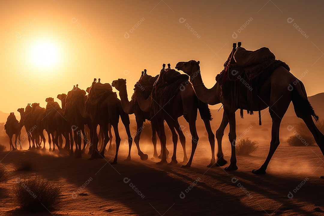 Linda fila de silheta camelos ao pôr do sol sobre fundo de um deserto