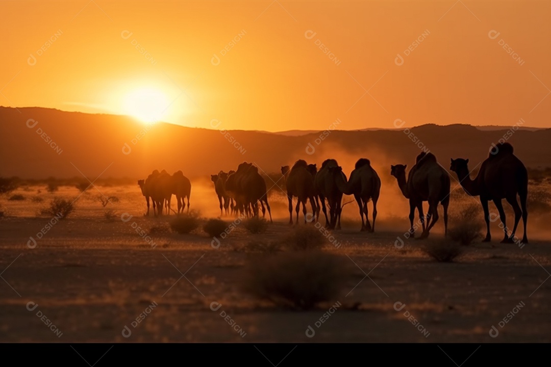 Linda fila de silheta camelos ao pôr do sol sobre fundo de um deserto