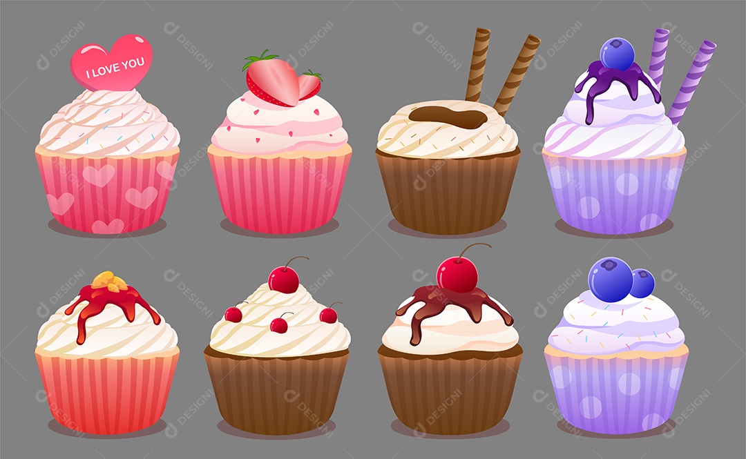 Coleção De Cupcakes Doces Sobremesas Estilo Cartoon  Ilustração Vetorial EPS