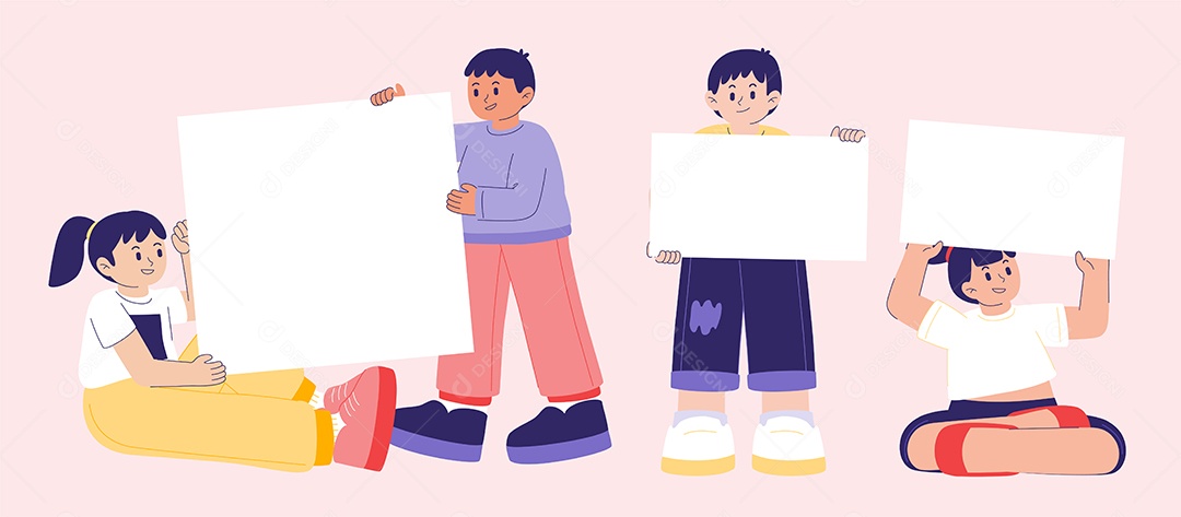 Desenho Grupo De Adolescentes Segurando Banner Vetor EPS