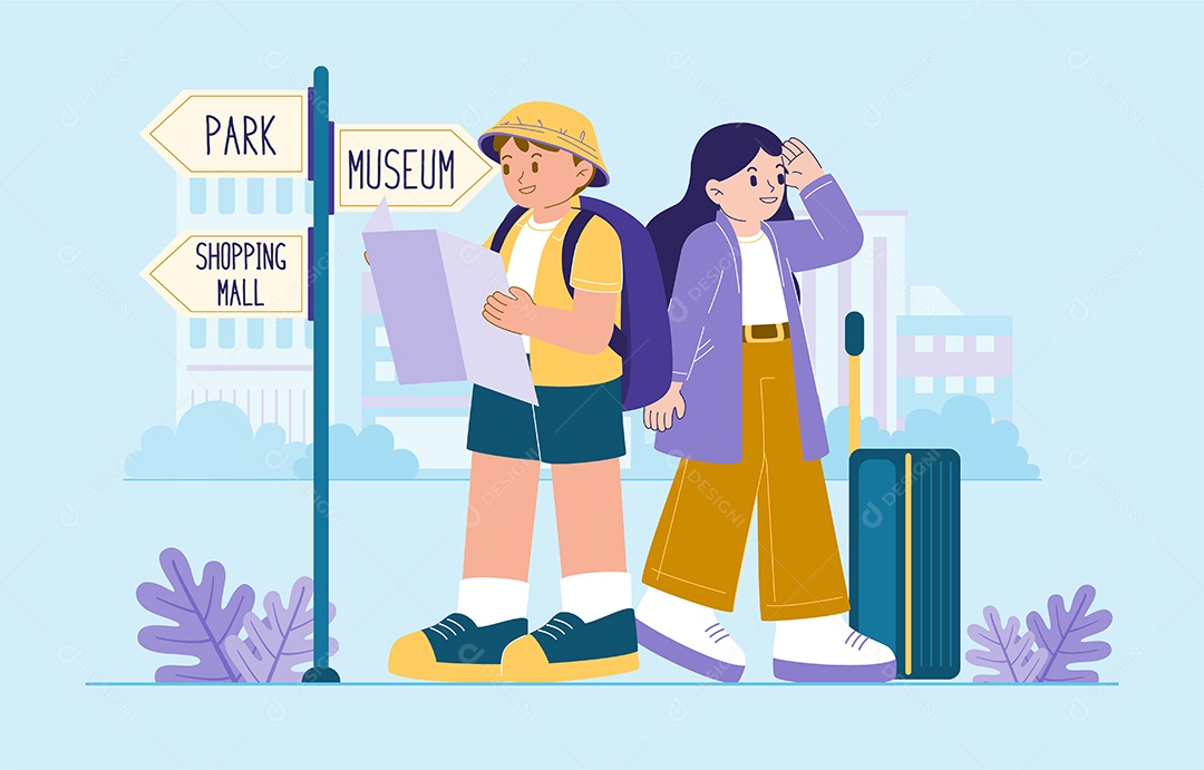 Desenho Jovem Casal Procurando Mapa Encontra Destino Turístico Vetor EPS