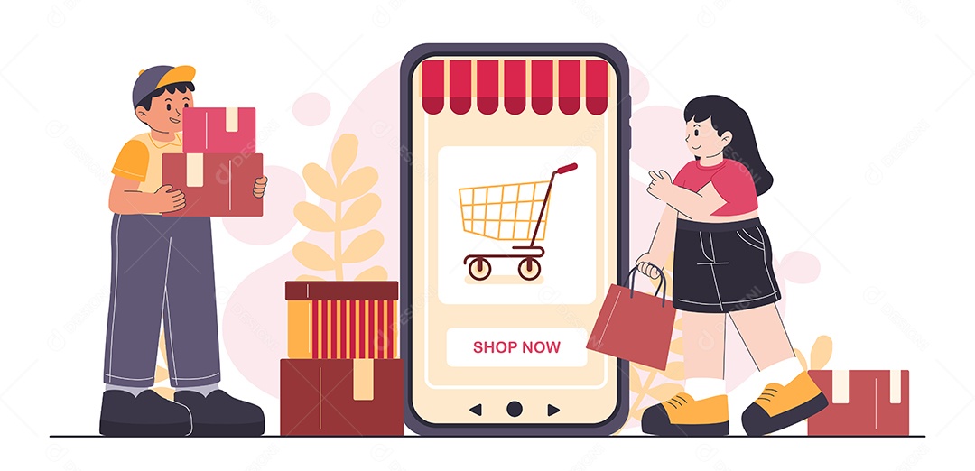 Desenho Jovem Casal Fazendo Compras Online Com Aplicativo No Celular Vetor EPS