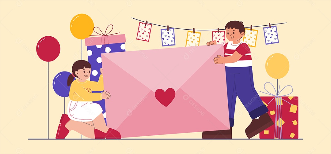 Desenho Jovem Casal Com Envelope Rosa Na Festa Dos Namorados Vetor EPS