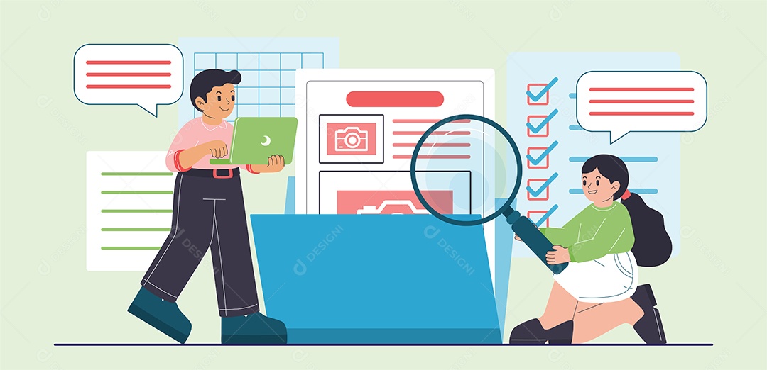 Desenho Jovens Trabalhador Homem e Mulher Trabalhando No Computador Portátil Vetor EPS