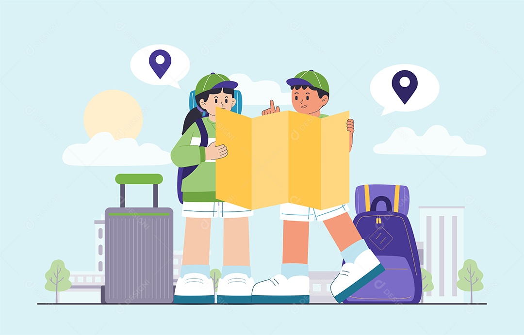Desenho Jovem Casal Procurando No Mapa Encontra Destino Turístico Vetor EPS