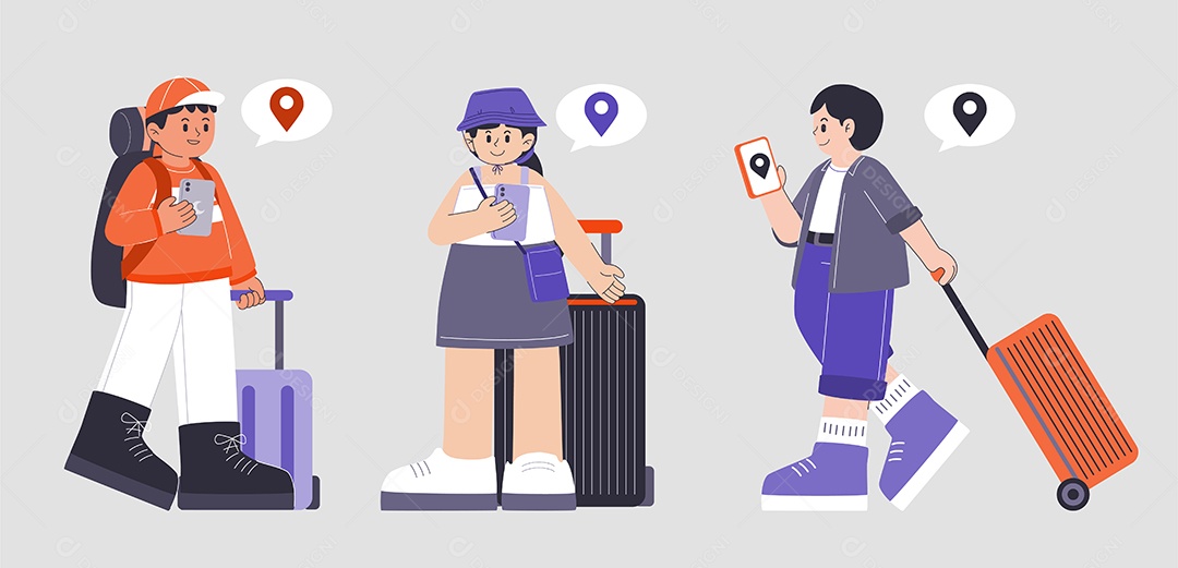 Desenho Jovens Viajantes Verificando O Destino No Aplicativo De Mapa No Celular Vetor EPS