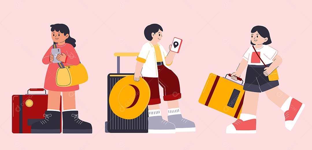Desenho Vetorial Jovens Viajantes Verificando O Destino No Aplicativo De Mapa No Celular Vetor EPS