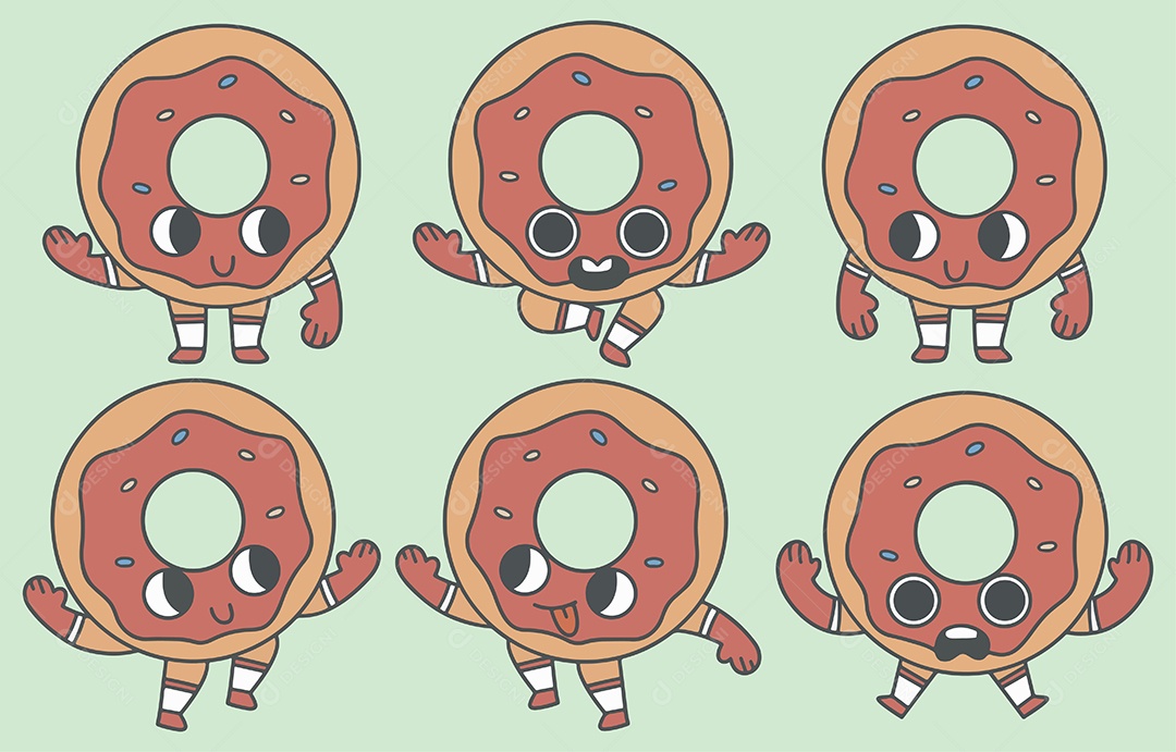 Coleção De Desenho De Rosquinhas Mascote Fofo Com Várias Poses e Emoções Vetor EPS