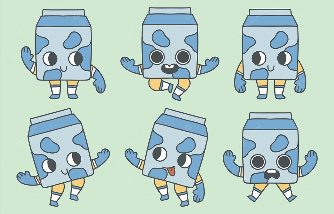 Desenho De Caixa De Leite Mascote Fofo Com Várias Poses e Emoções Vetor EPS