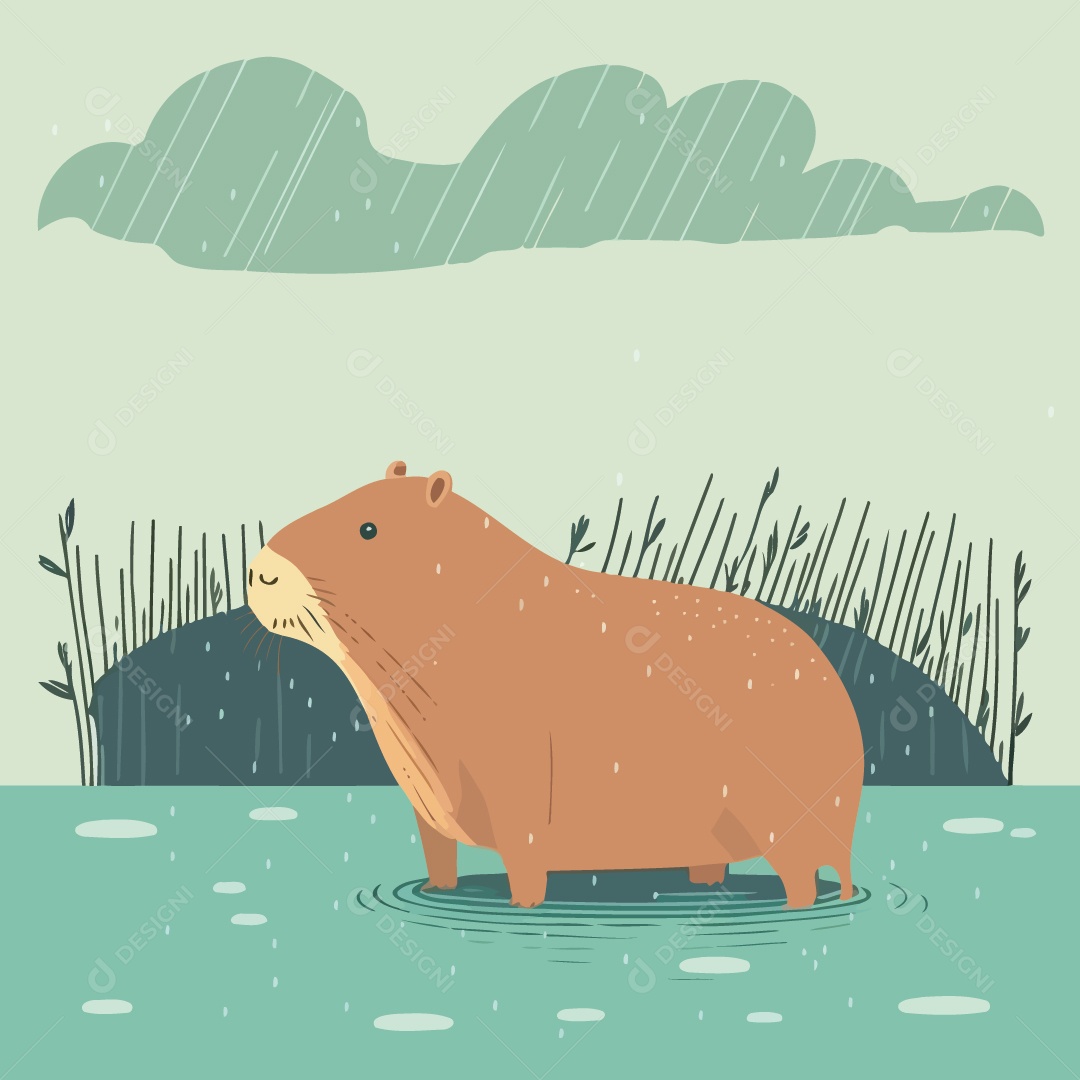Desenho De Uma Capivara Na Chuva Ilustração Vetorial EPS