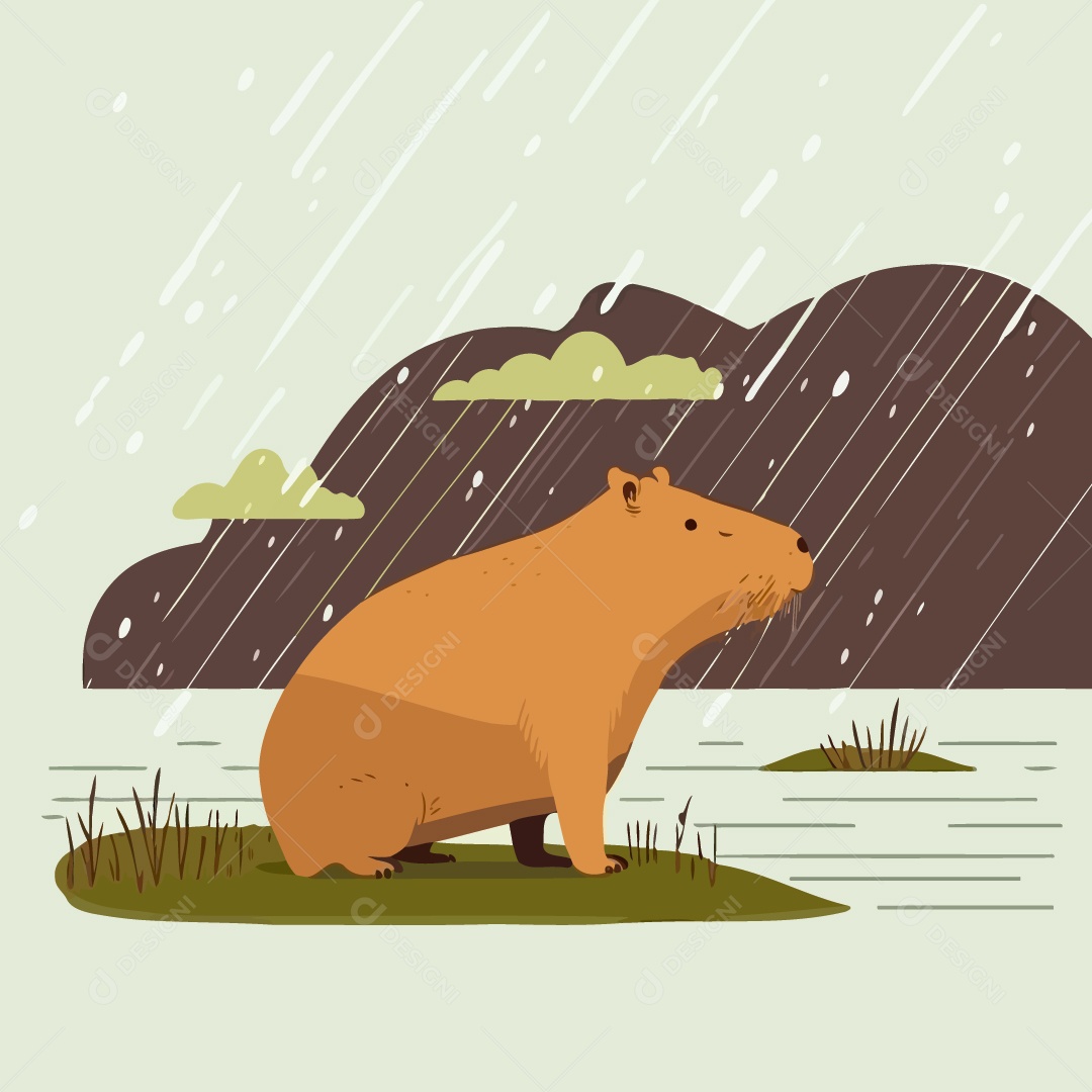 Desenho De Uma Capivara Na Chuva Ilustração Vetorial EPS