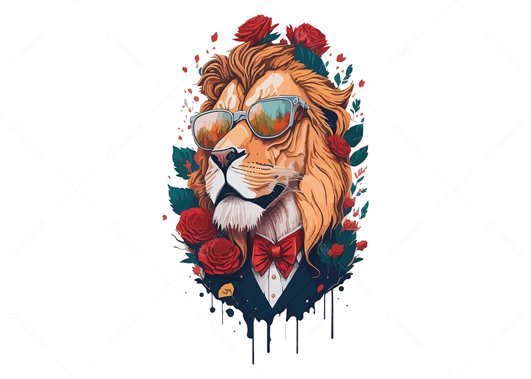 Ilustração De Arte De Design De Camiseta Leão De Terno e Óculos Vetor EPS