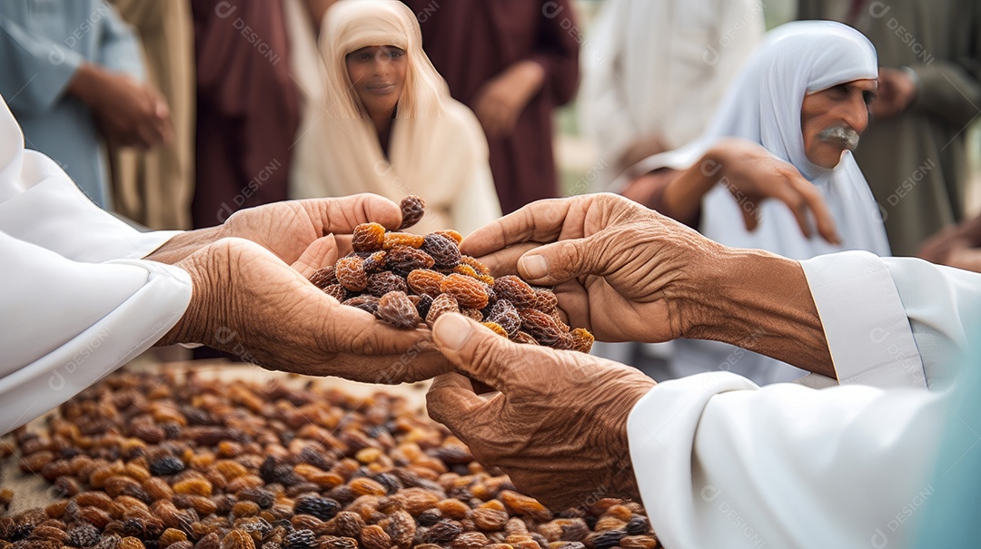 Pessoas compartilhando algumas tâmaras secas Eid al Adha a Festa do Sacrifício.
