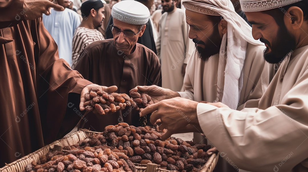 Pessoas compartilhando algumas tâmaras secas Eid al Adha a Festa do Sacrifício.