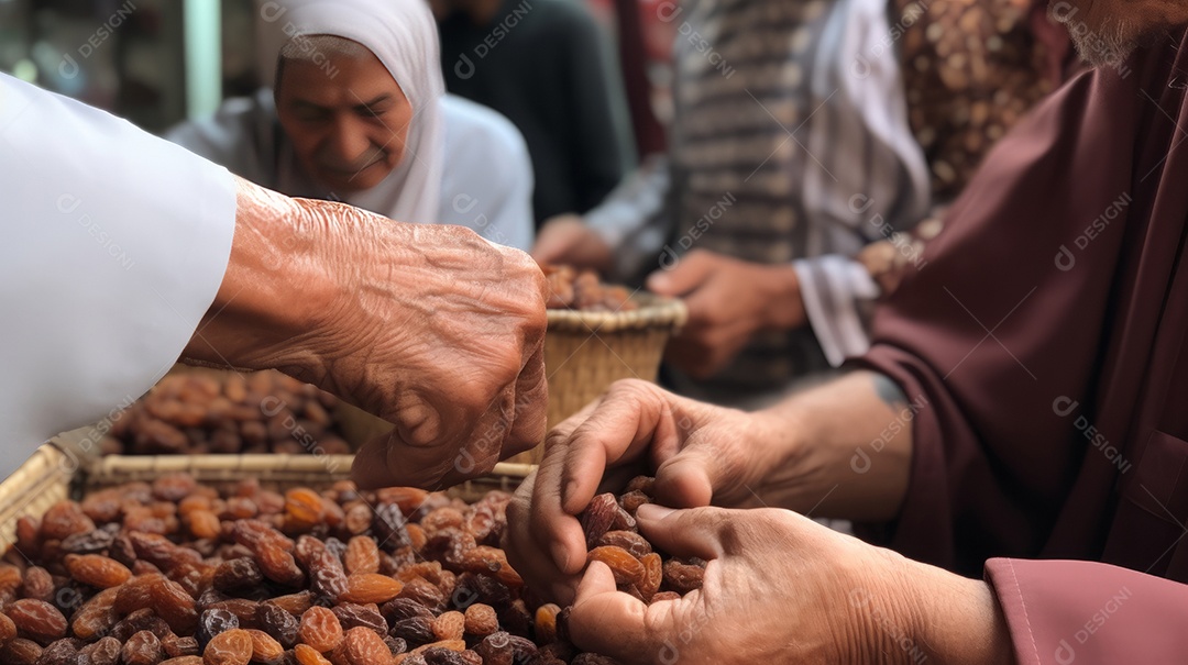 Pessoas compartilhando algumas tâmaras secas Eid al Adha a Festa do Sacrifício.