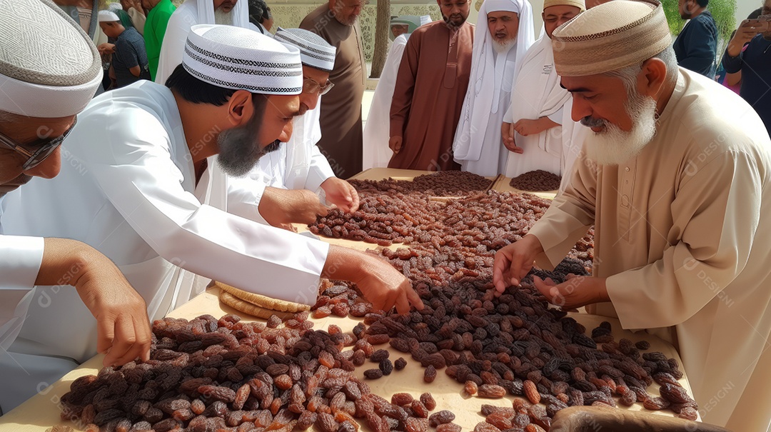 Pessoas compartilhando algumas tâmaras secas Eid al Adha a Festa do Sacrifício.