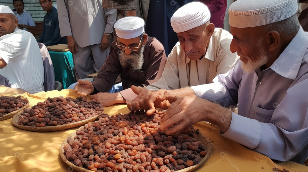 Pessoas compartilhando algumas tâmaras secas Eid al Adha a Festa do Sacrifício.