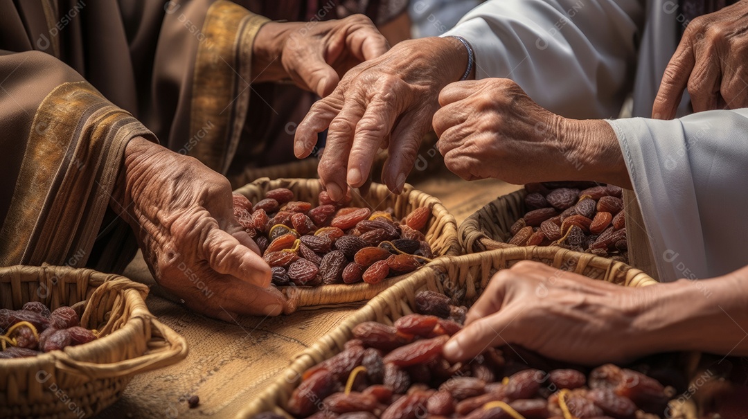 Pessoas compartilhando algumas tâmaras secas Eid al Adha a Festa do Sacrifício.