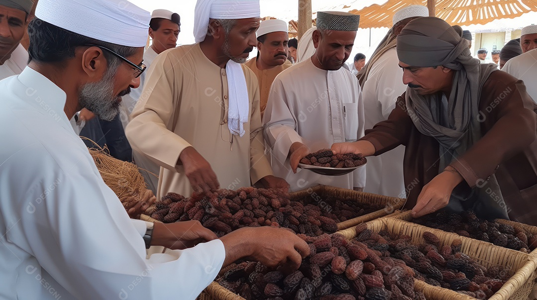 Pessoas compartilhando algumas tâmaras secas Eid al Adha a Festa do Sacrifício.