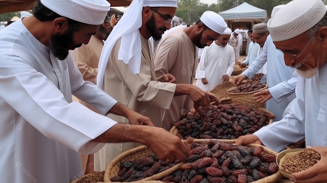 Pessoas compartilhando algumas tâmaras secas Eid al Adha a Festa do Sacrifício.
