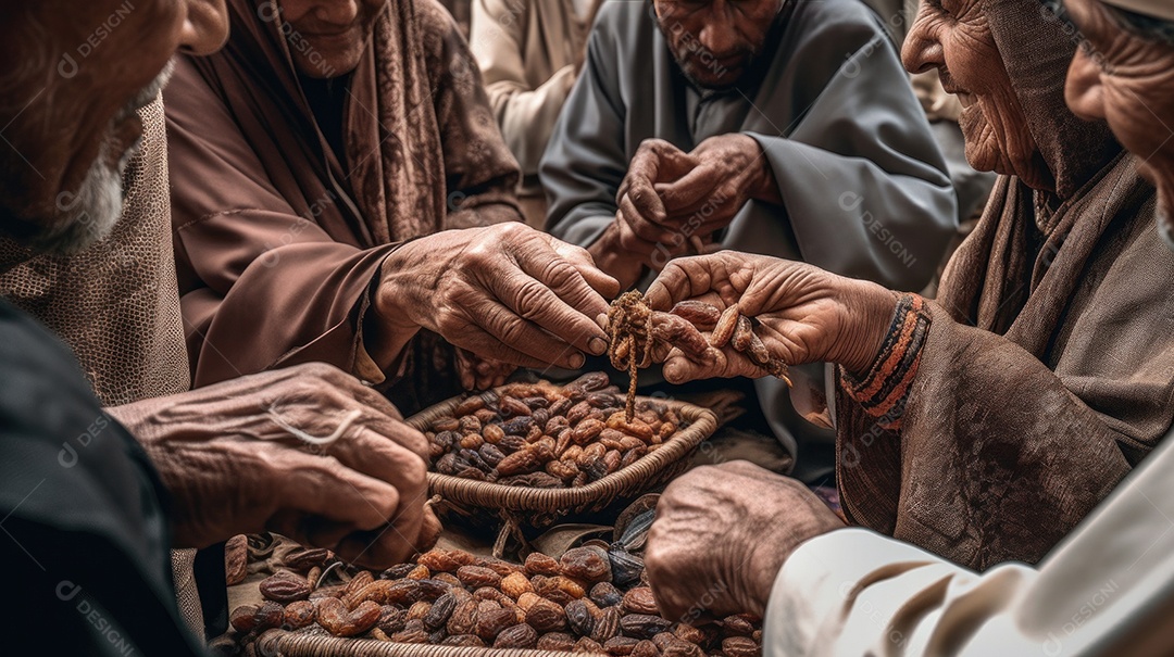 Pessoas compartilhando algumas tâmaras secas Eid al Adha a Festa do Sacrifício.
