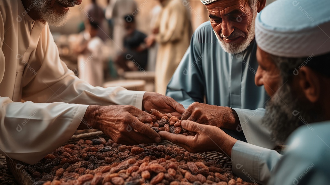 Pessoas compartilhando algumas tâmaras secas Eid al Adha a Festa do Sacrifício.
