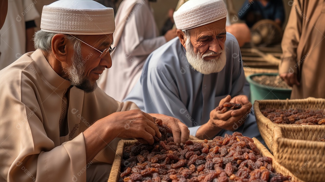 Pessoas compartilhando algumas tâmaras secas Eid al Adha a Festa do Sacrifício.