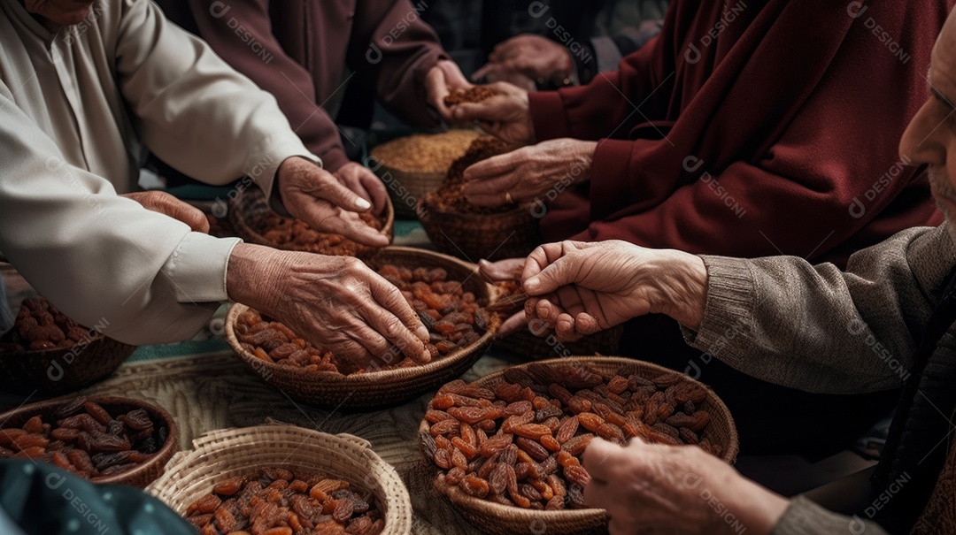 Pessoas compartilhando algumas tâmaras secas Eid al Adha a Festa do Sacrifício.