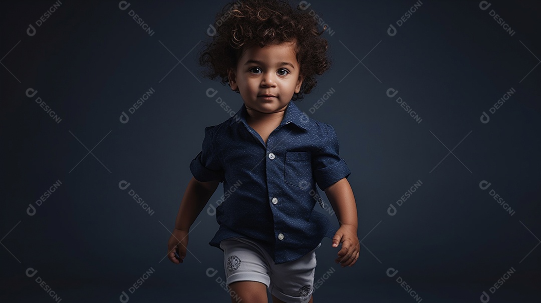 Um modelo infantil elegante está em um estúdio, olhando diretamente para a câmera.
