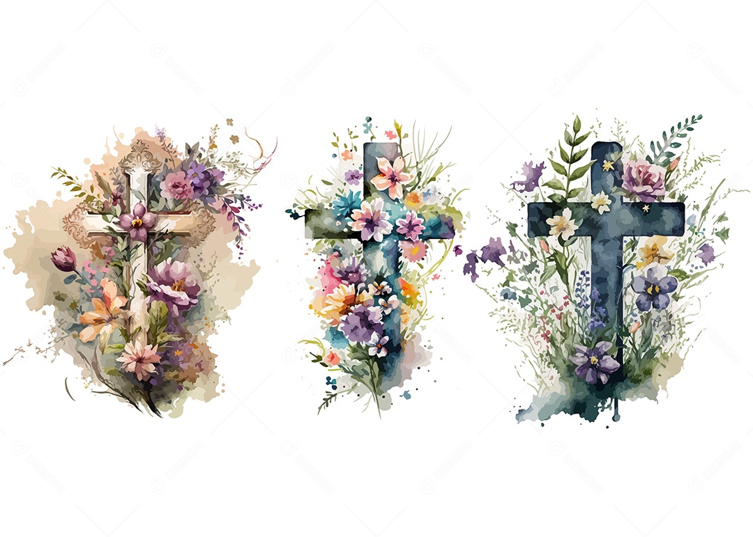 Ilustração Aquarela de Cruz Floral EPS Editável