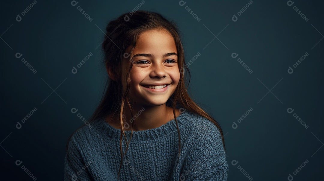 Uma jovem alegre com cabelos longos em um suéter sorri brilhantemente, olhando diretamente para a câmera neste retrato tirado em azul.