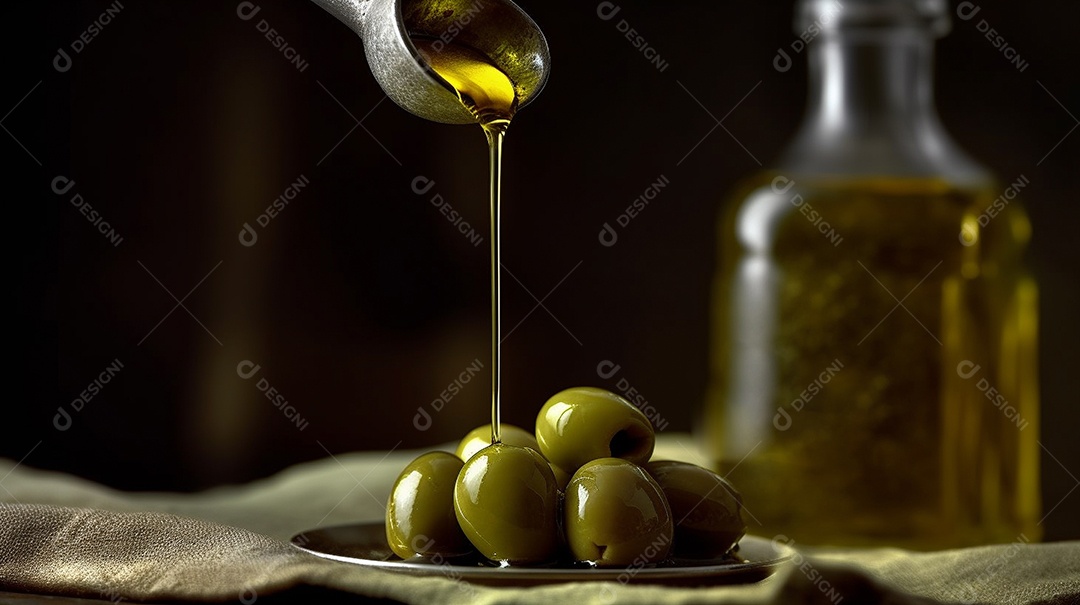 Uma garrafa de azeitonas verdes frescas fica dentro de casa, proporcionando um refresco saudável e uma opção de comida.