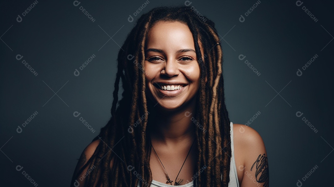 Alegre jovem adulta sorrindo com os dentes expostos em um retrato de tiro de estúdio contra um fundo colorido