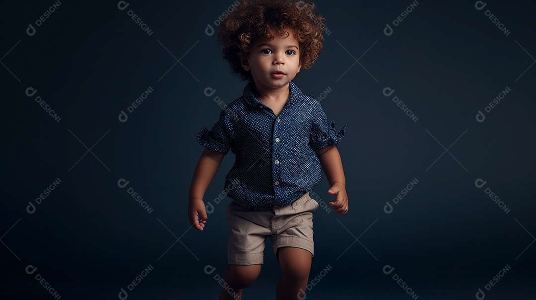 Um modelo infantil elegante está em um estúdio, olhando diretamente para a câmera.