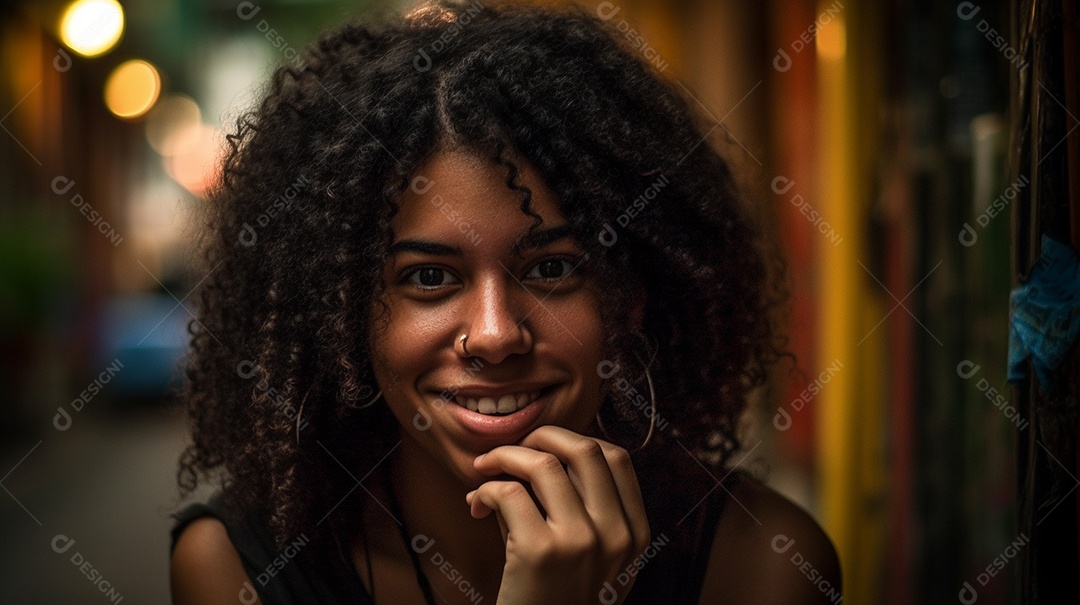 Jovem adulto sorrindo no retrato da cidade.