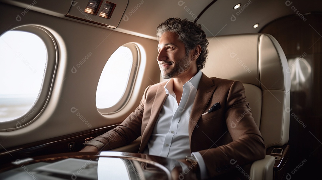 Um empresário senta-se em um avião moderno, pronto para viajar a negócios.