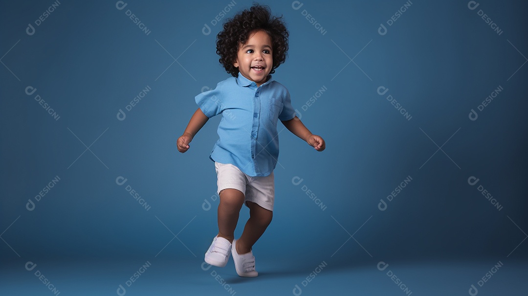 Um modelo infantil elegante está em um estúdio, olhando diretamente para a câmera.