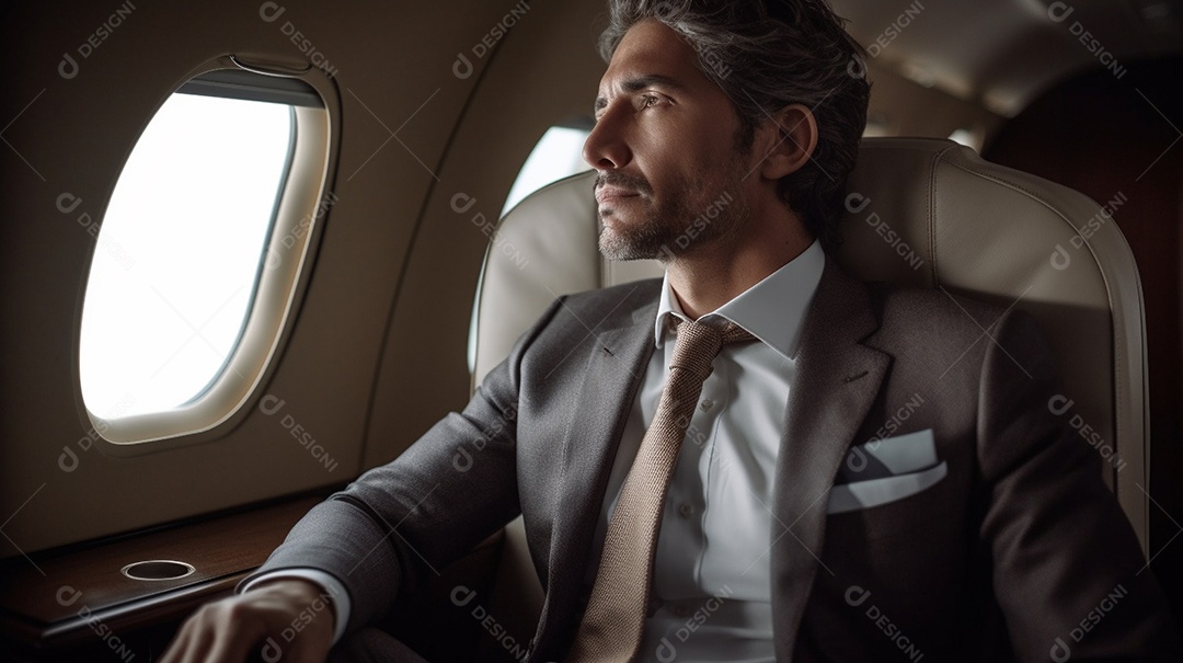Um empresário senta-se em um avião moderno, pronto para viajar a negócios.