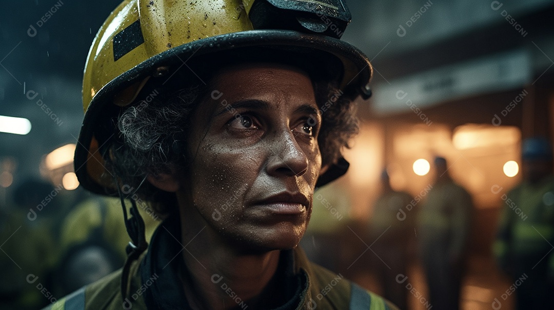 Um bombeiro adulto orgulhoso está de uniforme completo