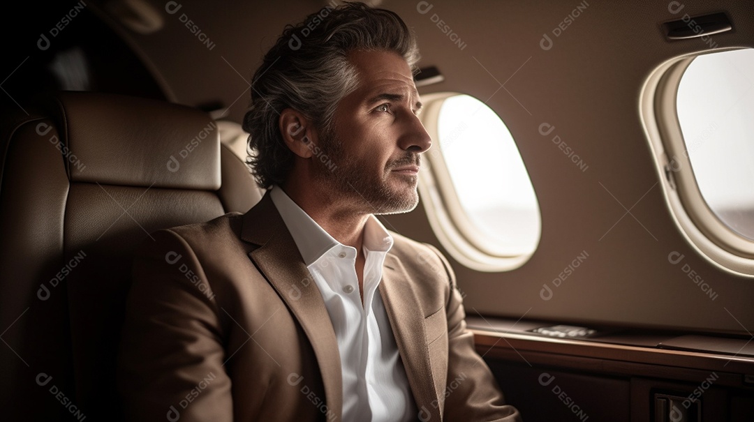 Um empresário senta-se em um avião moderno, pronto para viajar a negócios. Ele veste traje formal e olha pela janela
